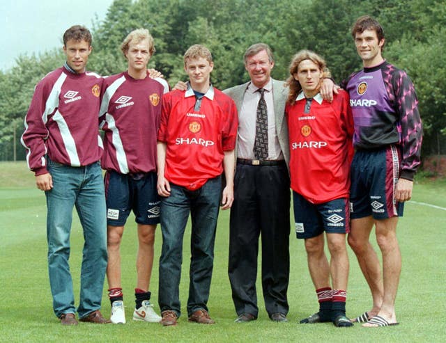 Ole Gunnar Solskjaer, third left, was among five new signings for Manchester United in July 1996