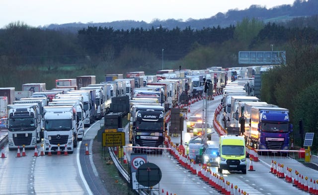 Lorries queued in Operation Brock on the M20 near Ashford in Kent