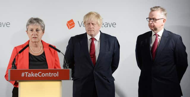 (left to right) Gisela Stuart, Boris Johnson and Michael Gove (Stefan Rousseau/PA)