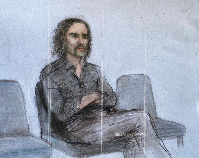 Court artist drawing of Russell Brand appearing at Westminster Magistrates’ Court in May 2025 