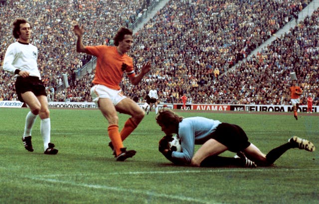 Franz Beckennauer and goalkeeper Sepp Maier shut out the threat of Johan Cruyff in the 1974 World Cup final