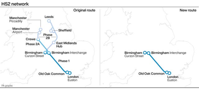 Graphic showing the original HS2 route and the one that is now going ahead