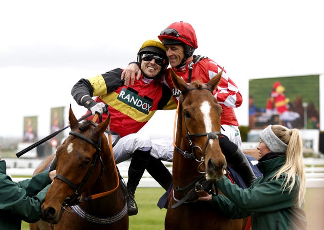 Paddy Brennan (left) on Knight Salute Davy Russell on Pied Piper after dead-heating in a Grade One at Aintree