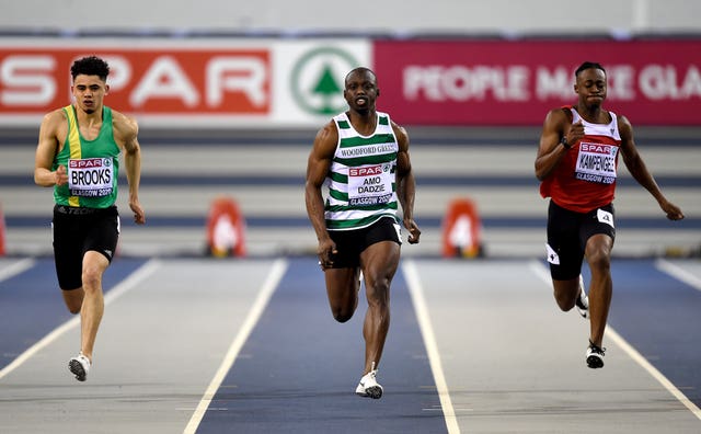 Eugene Amo-Dadzie, centre, finished third in the 100m at last month's British Championships in Manchester 