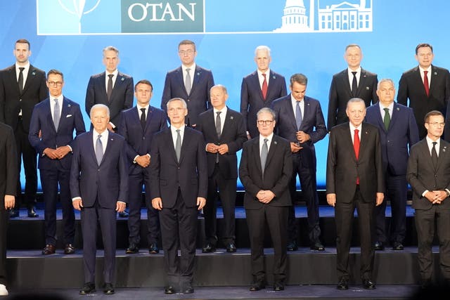Prime Minister Sir Keir Starmer joins US President Joe Biden and Nato Secretary General Jens Stoltenberg and other Nato leaders for a family photograph at the Nato 75th anniversary summit 