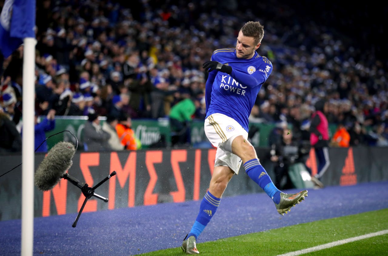Jamie Vardy kicks a microphone stand during Leicester’s draw with Norwich (...
