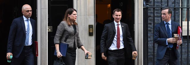 Composite image of (left to right) Communities Secretary Sajid Javid, Minister of State Caroline Nokes, Health Secretary Jeremy Hunt and Wales Secretary Alun Cairns holding reusable coffee cups, some still in their boxes, as they leave 10 Downing Street, London, after a Cabinet meeting (Stefan Rousseau/PA)