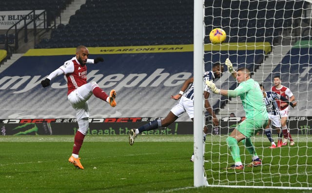 Alexandre Lacazette scores Arsenal’s fourth against West Brom at The Hawthorns 