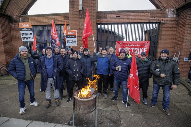 Members of Unite the Union and GMB on a picket line at Translink’s Europa Bus Station on Glengall Street in Belfast 