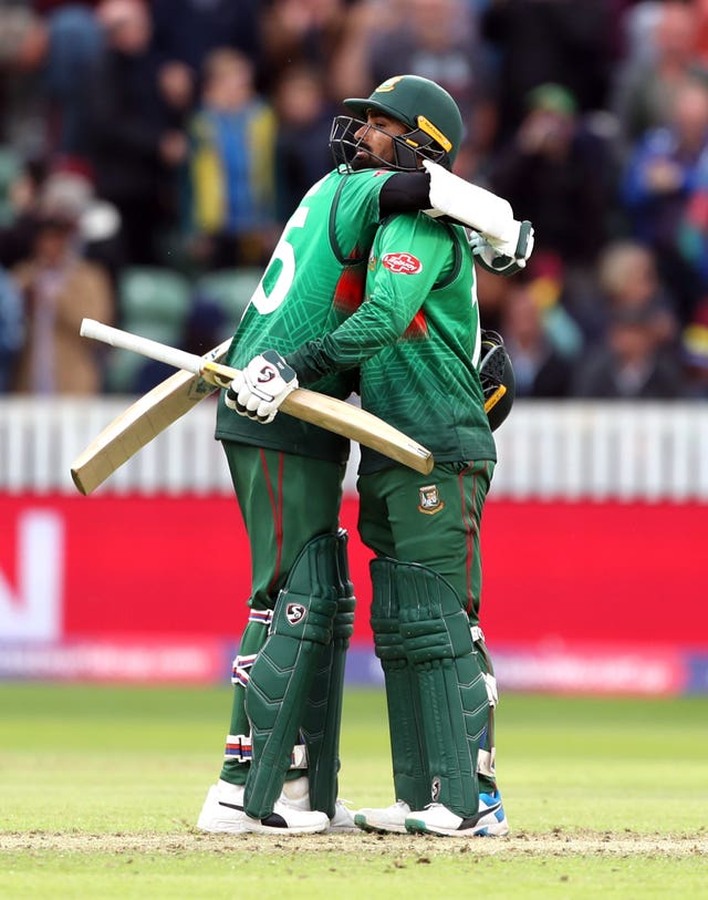 Shakib Al Hasan and Liton Das celebrate Bangladesh's first victory of the World Cup.