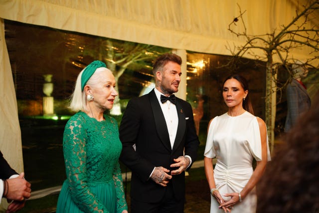 Dame Helen Mirren (left) and David and Victoria Beckham. 