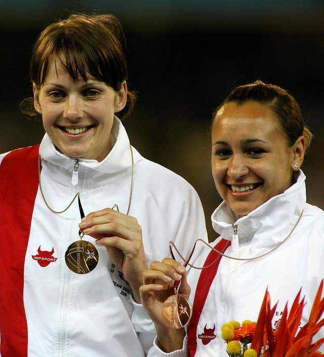 Kelly Sotherton, left, was champion while the bronze medal went to England team-mate Jessica Ennis, right