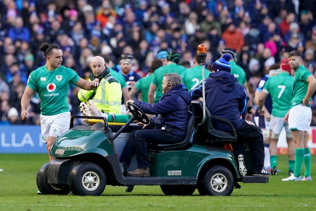 Ireland's Garry Ringrose is stretchered from the field during his side's win at Murrayfield in 2023