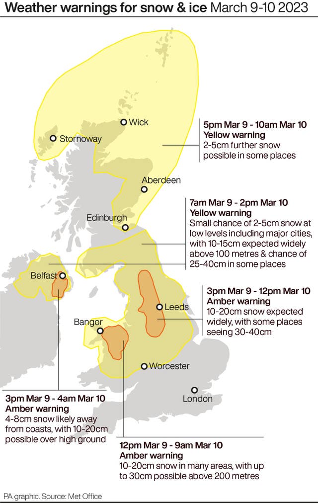 PA infographic showing weather warnings for snow & ice March 9-10 2023