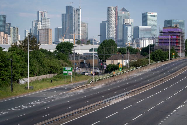Empty traffic lanes on the A102 in Greenwich, South East London (Victoria Jones/PA)