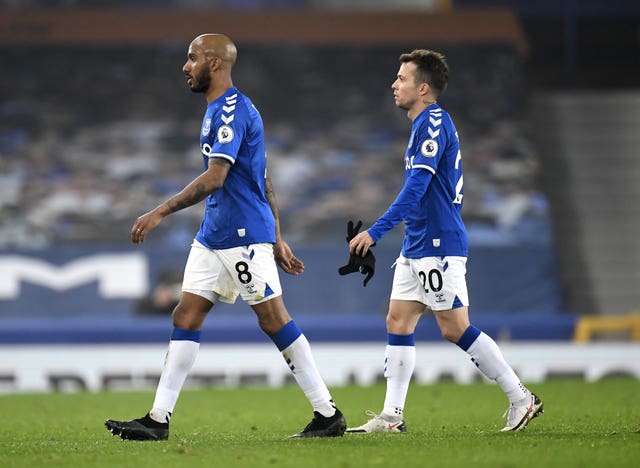 Everton's Fabian Delph and Bernard leave the pitch
