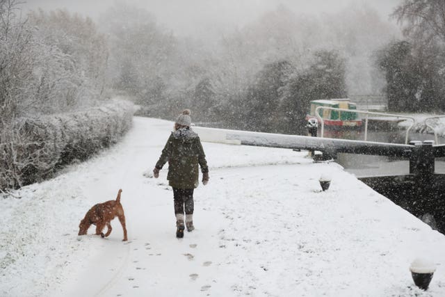 A dog walker braves the snow