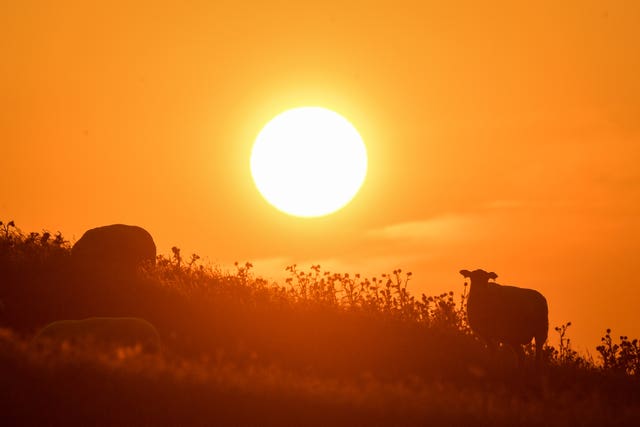 The sun rises over Burton Dassett Hills in Southam, Warwickshire