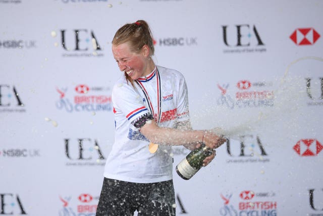 Alice Barnes celebrates winning the Elite Women's Race at the British Cycling National Road Championships