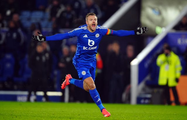 Leicester's Jamie Vardy celebrates after scoring against West Ham