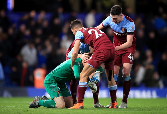 David Martin was mobbed by his team-mates after West Ham beat Chelsea on his Premier League debut 