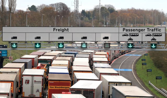 Freight lorries queueing for the Eurotunnel terminal in Folkestone