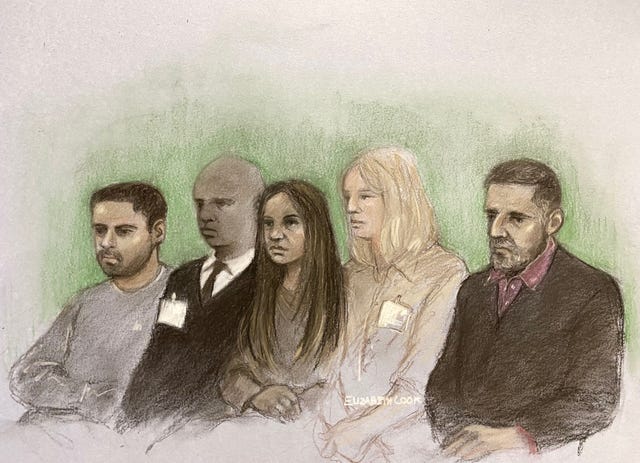 Court sketch of three men and two women