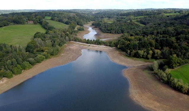 Aerial view of low water levels in Ardingly reservoir in West Sussex in September