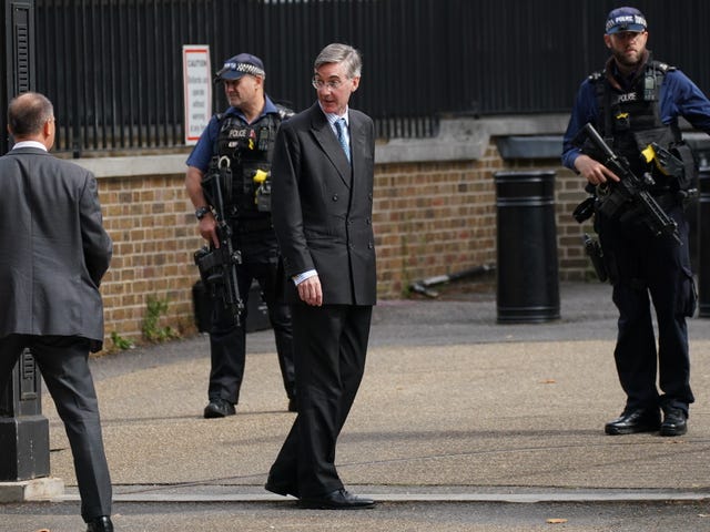 Jacob Rees-Mogg at the rear of Downing Street after it was announced Liz Truss is the new Conservative Party leader and will become the next prime minister