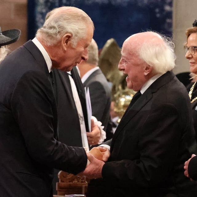 The King met Ireland's President Michael D Higgins (right) as they attend a Service of Reflection for Queen Elizabeth II at St Anne’s Cathedral in Belfast (Liam McBurney/PA)