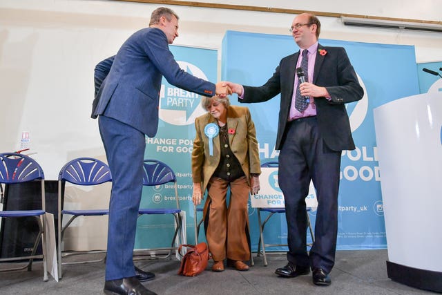 Leader of the Brexit Party in the National Assembly for Wales Mark Reckless (right) with MEPs Nathan Gill and Ann Widdecombeat a campaign rally in Pontypool