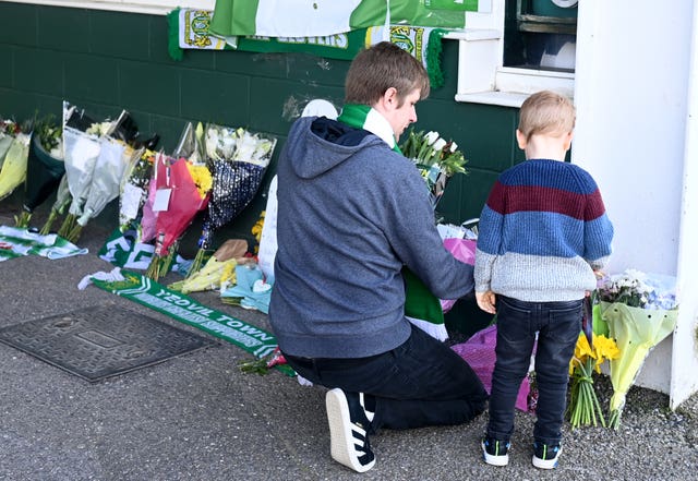 Tributes were left for the Yeovil Town captain outside the club's Huish Park stadium (Simon Galloway/PA).