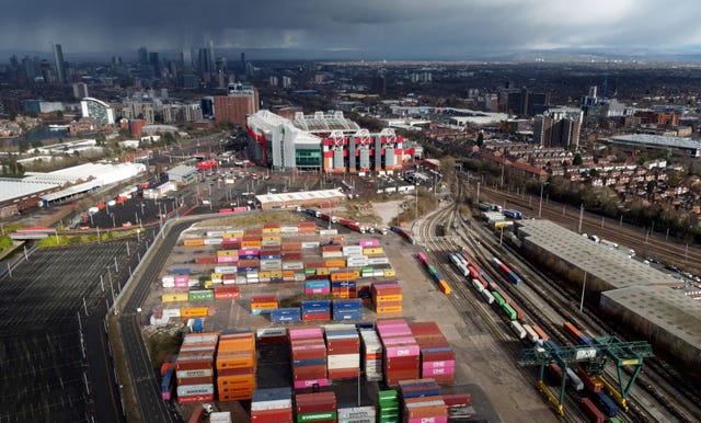 A general view of Manchester United’s Old Trafford stadium showing the container port where the new stadium will be positioned