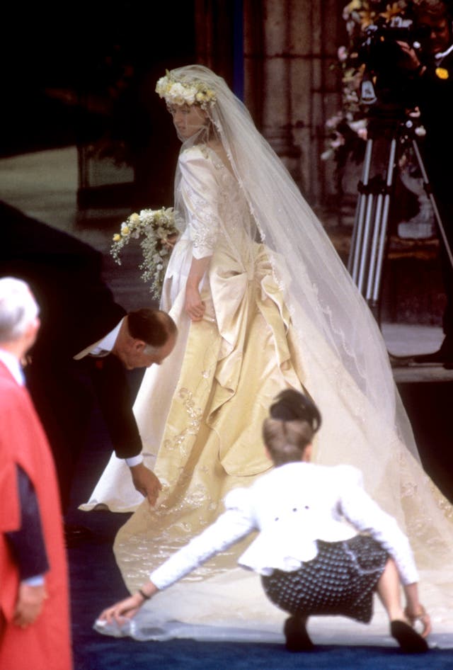 The Duchess of York wearing a crown of flowers