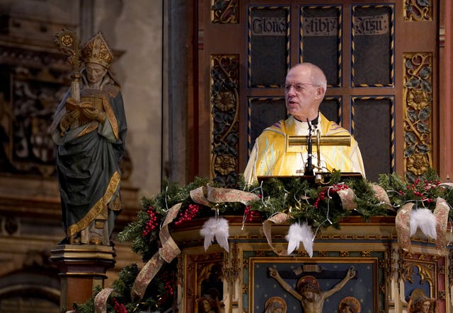 Archbishop of Canterbury Justin Welby giving the Christmas Day sermon at Canterbury Cathedral