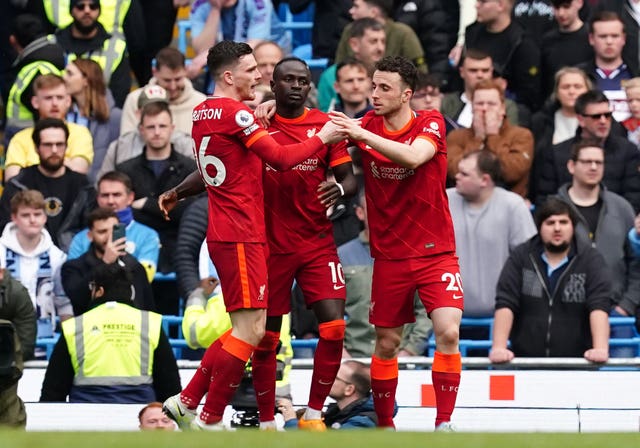 Sadio Mane, centre, scored 23 goals in the recently-completed 2021-22 season (Martin Rickett/PA)