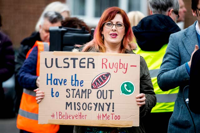 Belfast Feminist Network activists hold a protest outside the Kingspan Stadium (Liam McBurney/PA)