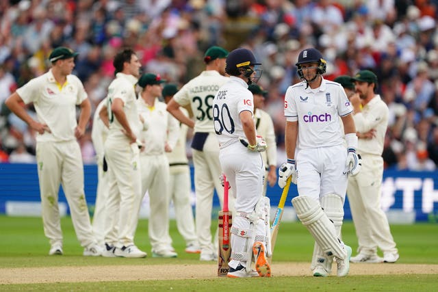 Joe Root and Ollie Pope, left, during an unsuccessful Australian review