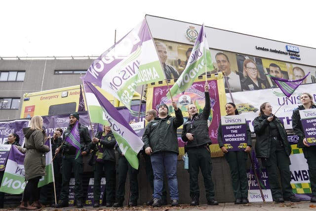 Ambulance workers on the picket line outside Waterloo ambulance station in London in December