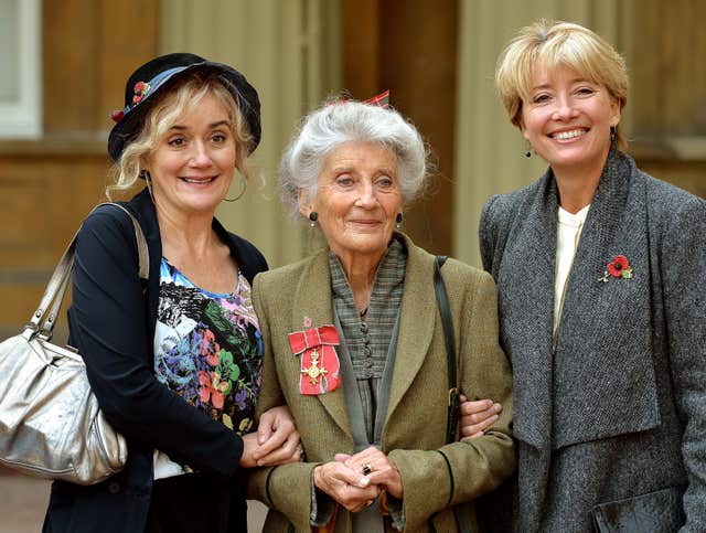 Phyllida Law wears her Officer of the Order of the British Empire) award, with daughters Sophie (left) and Emma Thompson after the Investiture ceremony at Buckingham Palace, in central Londo