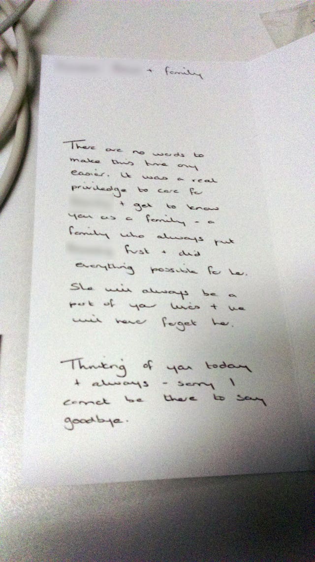 Condolence card sent by nurse Lucy Letby