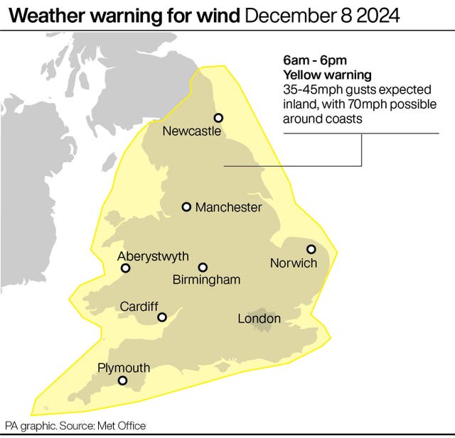 A PA graphic showing weather warnings for wind for parts of the UK on December 8