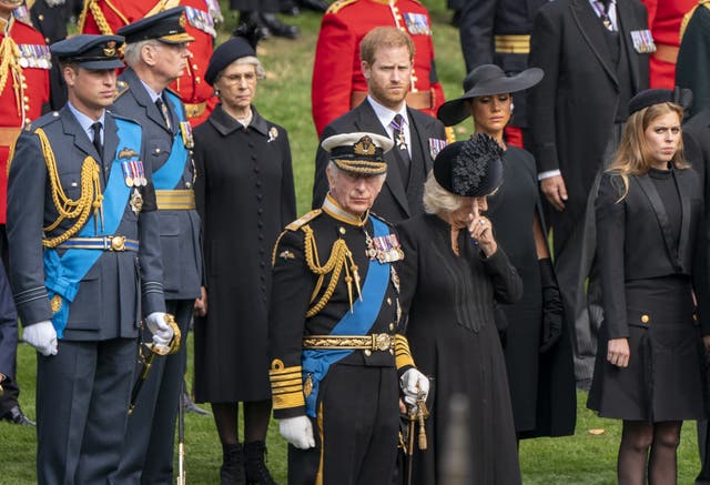 Harry and Meghan with the King and royal family on the day of Queen Elizabeth II's funeral