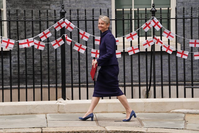 Home Secretary Yvette Cooper in Downing Street, which is decorated with England flag bunting