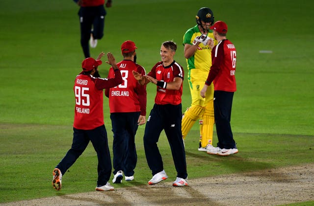 England celebrate after they beat Australia by two runs in the first of three Twenty20 internationals at the Ageas Bowl 