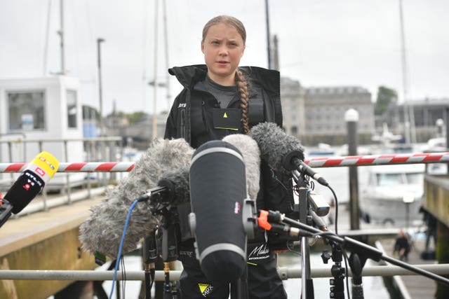 Climate activist Greta Thunberg addresses a press conference in Plymouth (Ben Birchall/PA).