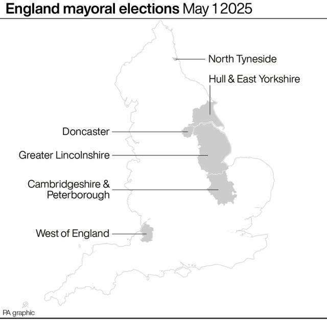 Graphic showing England mayoral elections on May 1 2025