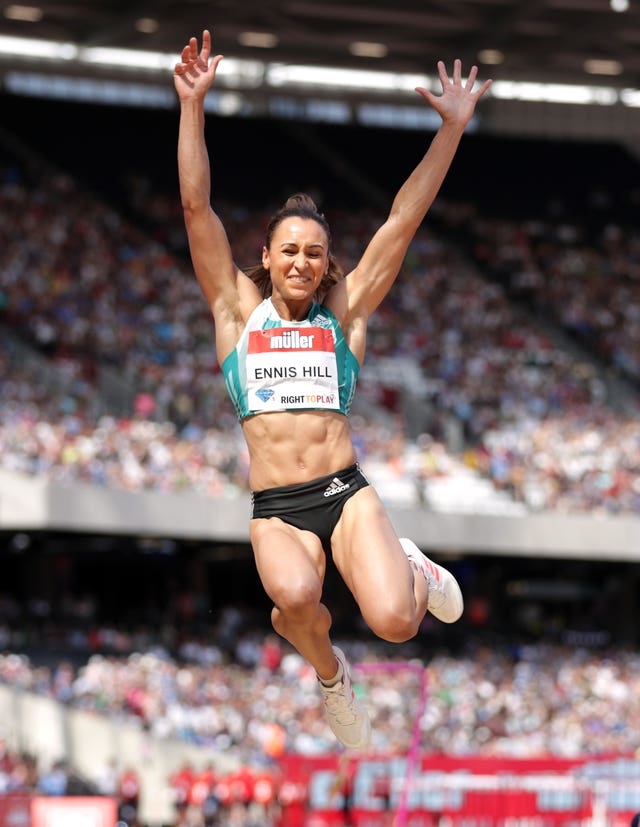Jessica Ennis-Hill in action in the women’s long jump during the Muller Anniversary Games at the Olympic Stadium