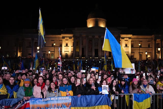 People gather in Trafalgar Square, central London, to mark the third anniversary of Russia’s invasion of Ukraine