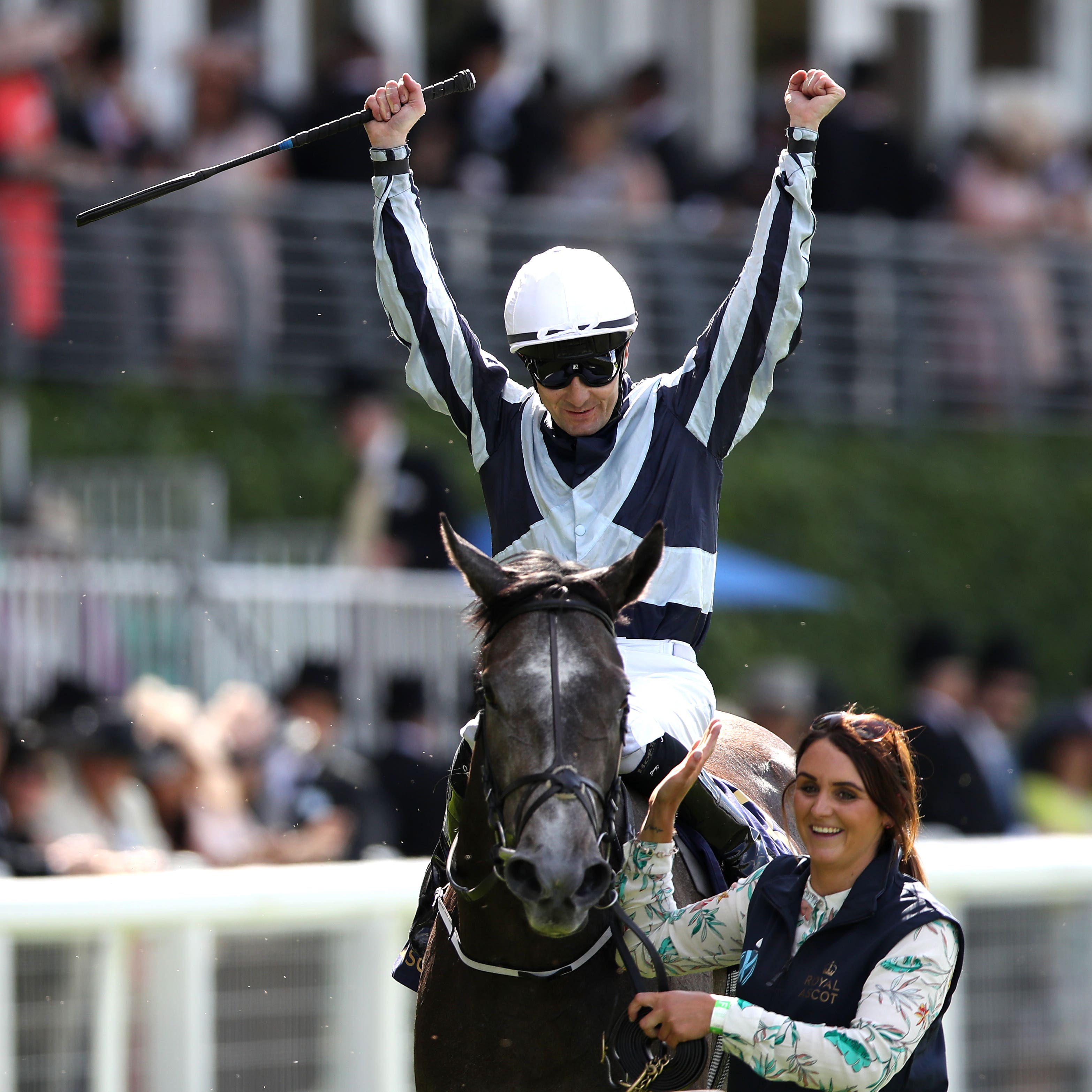Colm O’Donoghue celebrates winning the Coronation Stakes on Alpha Centauri
